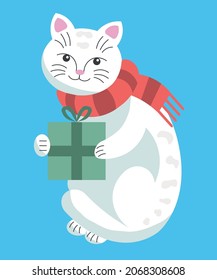 Cute white cat in a red striped scarf holds green christmas gift in its paws. Cartoon vector illustration in flat style.