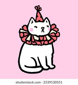 Cute white cat in a ruffled collar and a festive hat. Vector hand-drawn illustration in doodle style. Perfect for cards, stickers, print, decorations, logo and various designs.