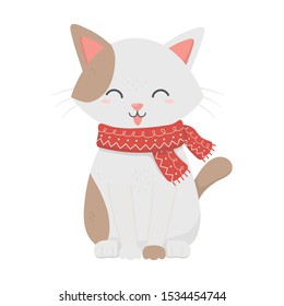 cute white cat with scarf tongue out celebration merry christmas vector illustration