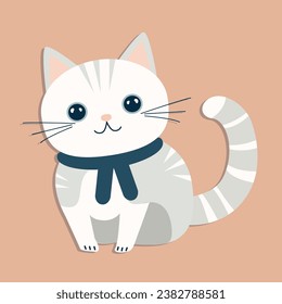 Cute white cat with a scarf. Vector illustration in flat cartoon style.