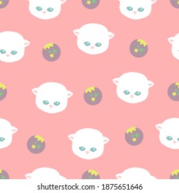 Cute white cat seamless pattern. Blue eye kitten.