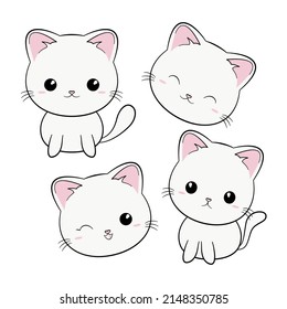 Cute white cat set. Cartoon funny character. Kawaii kitten baby animal. Sweet kitten for stickers. Flat design. Vector illustration on white background.