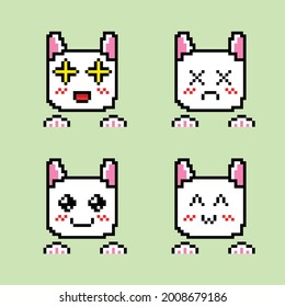 cute white cat set with pixel art style