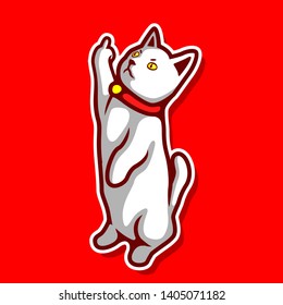 Cute White Cat showing middle finger isolated with red background - Vector