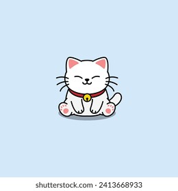 Cute white cat sitting cartoon, vector illustration