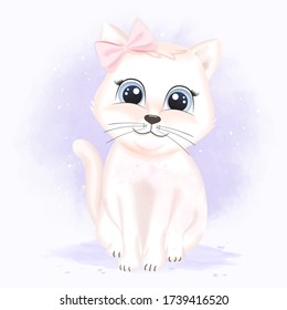 Cute white cat sitting hand drawn cartoon animal illustration