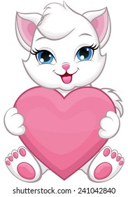 Cute white cat sitting with a heart in her hands.