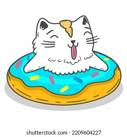Cute white cat sitting inside a donut and laughing. Vector illustration in animation style