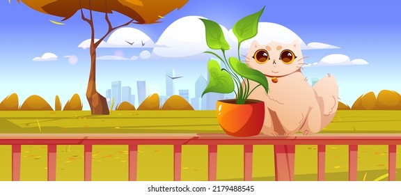 Cute white cat sitting on wooden fence of house porch or terrace. Vector cartoon illustration of backyard autumn landscape with funny kitten hiding behind flower pot on railing