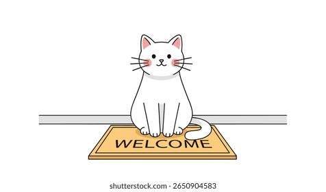 Cute white cat sitting on a welcome mat greeting visitors with a friendly face