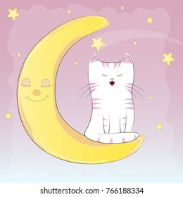 Cute white cat sitting on the moon. Graphics for t-shirts. Greeting card. Vector illustration.