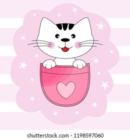 Cute white cat sitting in a pocket and smiling fun.Sweet kids graphics for t-shirts. Greeting card. Vector illustration.