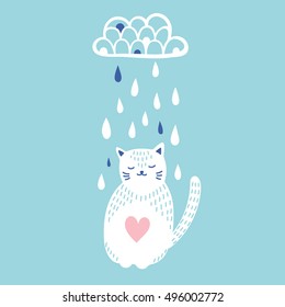 Cute white cat sitting in the rain keeping warmth and feel of love inside and enjoying its life. Vector illustration