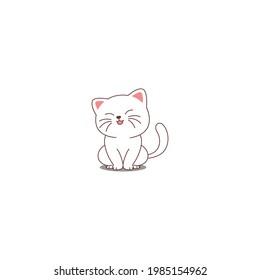 Dibujo de un gato blanco lindo sentado y sonriente, ilustración vectorial