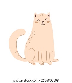 The cute white cat is sitting. Vector illustration in a flat style.