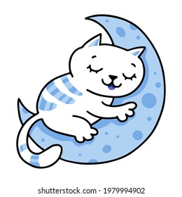 Cute white cat sleeping on the blue moon. Vector illustration for kids fashion artworks, print, wallpaper, sticker, nursery design.