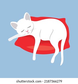 Cute white cat sleeping on a red pillow icon vector. Adorable domestic cat relaxing on a pillow cartoon isolated on a blue background
