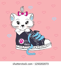 süße weiße Katze in Turnschuhen, Vektorgrafik, T-Shirt-Grafik-Design für Kinder