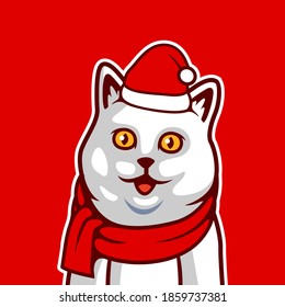 Estrellas de gato blanco y sonrisa con disfraz de Navidad, sombrero de Santa Claus, bufón, para Navidad e iluminación vectorial de Año Nuevo - Vector