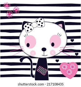 cute white cat striped background vector illustration