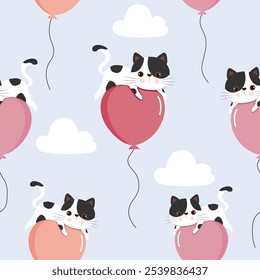 cute  white cat striped  black on balloon in the sky and cloud , vector illustration