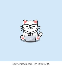 Gato blanco lindo con corbata y gafas trabajando en una caricatura para laptop, ilustración vectorial