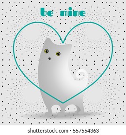 Cute white cat in turquoise, linear heart. Dotted pattern background.