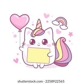 Cute White Cat Unicorn or baby Caticorn kitten hold heart balloon with text place for your birthday greeting design