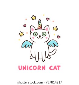 Cute white cat in a unicorn costume with wings and rainbow horn. It can be used for sticker, patch, phone case, poster, t-shirt, mug and other design.