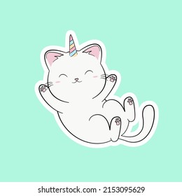 Cute White Cat With Unicorn. Lovely Sleeping Kitten With Closed Eyes Isolated On A Light Green Background. Fairy Tale Character In Kawaii Anime Style.