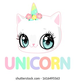 Cute white cat unicorn. Magic fairytale banner with the word unicorn. Multi-colored card.