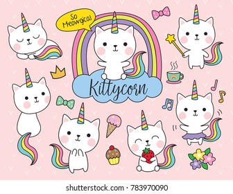 Cute white cat unicorn and rainbow horn   tail set including cute elements such as flower  ice  cream  cupcake  etc 