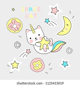 cute white cat unicorn with star, rainbow and tail set including cute elements such as stars, donuts, ice-cream, etc.