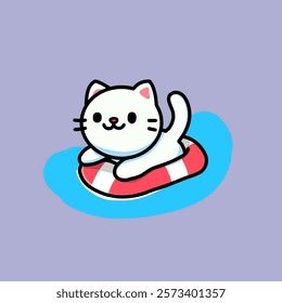 cute white cat is using a float for bathing, vector illustration design.