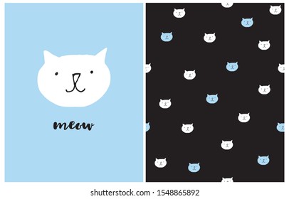 Cute White Cat Vector Illustration and Pattern. White and Blue Tiny Kitties Isolated on a Black Background. Head of White Kitty on a Blue Layout. Baby Boy Party Decoration for Card,Fabric, Invitation.