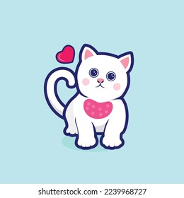 Cute white cat vector illustration and love icon  Doodle cartoon style Cat for printable T shirt  banner  poster greeting card  valentines day
