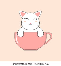 süße weiße Katze vektor in der rosafarbenen Tasse. einfaches Design-Cartoon-Charakter für Kaffee-Shop. Symbol-Logo für Kaffeetasse oder Wanddekoration.