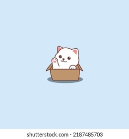 Cute white cat waving paw in the box cartoon, vector illustration
