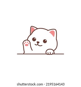 Cute white cat waving paw cartoon, vector illustration