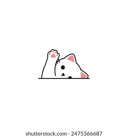 Cute white cat waving paw cartoon, vector illustration