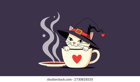 Gato blanco lindo que lleva un Grande sombrero negro de la bruja que mira hacia fuera de una taza de café blanca con un corazón rojo en un fondo púrpura oscuro.