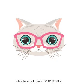 Cute white cat wearing pink glasses, funny cartoon animal character vector illustration