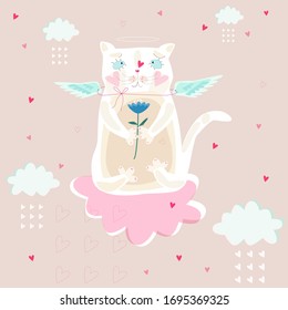 Frische weiße Katze mit Flügeln auf einer rosafarbenen Wolke. Vektorillustration-Grafik.