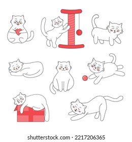 Cute white cats with black outline. Kawaii fat cats in funny poses.
