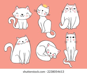 Cute white cats. Collection of stickers for social networks and messengers. Reactions and emotions, gestures and facial expressions. Cartoon flat vector illustrations isolated on pink background