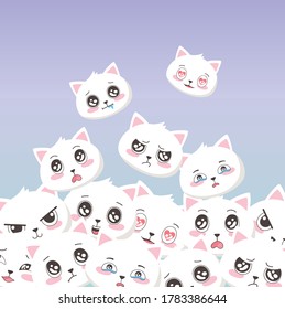cute white cats faces emoticons cartoon animals background vector illustration