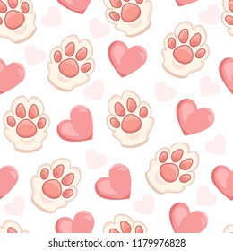 Cute white cat's paw with pink hearts on a white background. Seamless pattern, cartoon style