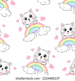 Cute white cats seamless pattern, little kitty on rainbow and clouds. Girlish print for textiles, packaging, fabrics, wallpapers.