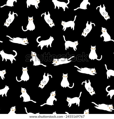 Cute White Cats Seamless Pattern on Black Background