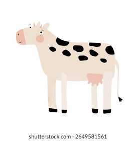 Cute White Caw With Black Spots. Funny Print With Big Happy Cattle. Childish Drawing-like Vector Illustration Of Happy Calf On A White Background. Kids Room Decoration. Farm Animal. RGB.